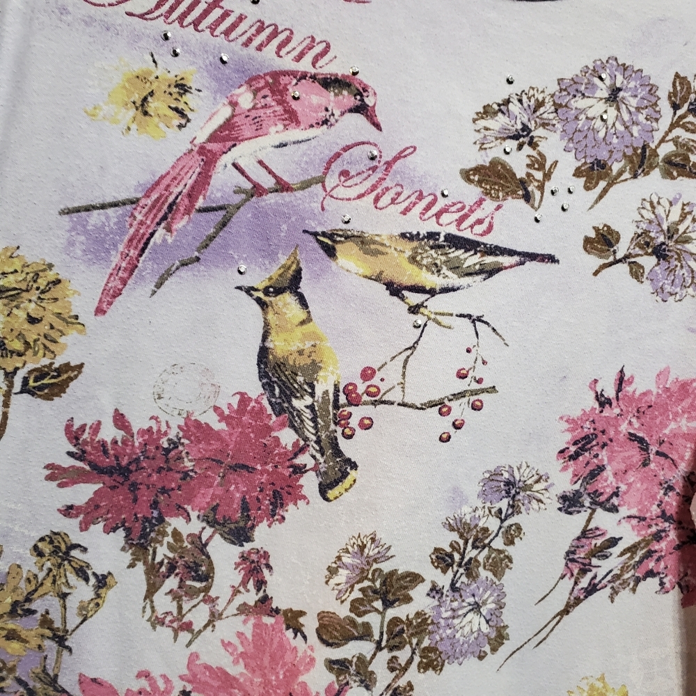 Basic Editions Purple T-Shirt Top with Birds & Flowers - Picture 10 of 16